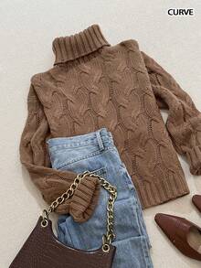 Sweater Rajut Lengan Panjang Berkerah Tinggi Bertekstur Motif Sisal Cokelat, Nyaman, Kasual, Elegan, Modis untuk Musim Gugur dan Musim Dingin. - Coklat - View 4