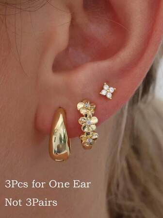 3 Pcs Tiny CZ Plumeria Flower Stud Oval Hoop Earrings Stackable Set For Women, 14K Gold Plated Small Huggie Clear Zirconia Flower Stud Earring Satck For Cartilage Helix Daith Piercing Gift Jewelry For Women Girl