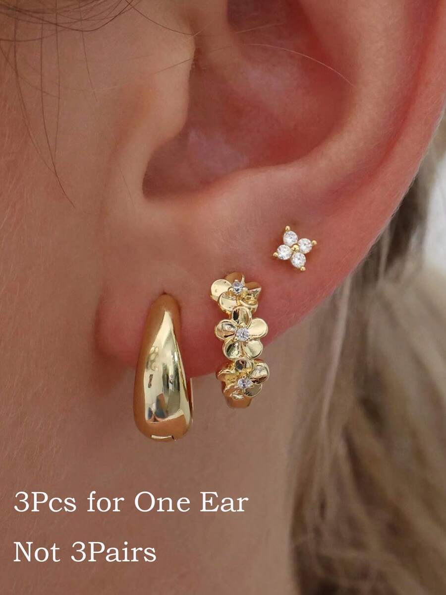 3pcs Mini CZ Daisy Flower Stud Earrings & Oval Hoop Set, Stackable, For Women; - 3Pcs Single Set - View 1