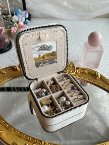 天鹅绒拉链首饰盒，便携式旅行首饰盒，返校 - 白色 - 查看 2