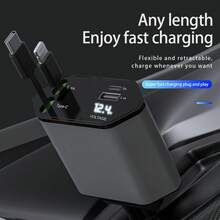4 In 1 Retractable Car Charger,Super Fast Charging Car Charger Max 120W, Retractable Cable And 2 USB Ports Car Charger Adapter For IPhone 15 14 13 12 Pro Max, Galaxy S23 - Type-C 和 Lightning - 查看 10