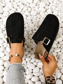 Women's Suede Mule Slippers, Casual Shoes, Flat Slippers, With Metal Buckle Decoration, Round Toe, Non-Slip Rubber Sole, Suitable For Spring And Summer Home Wear And Outdoor Vacations - màu đen - Xem 4