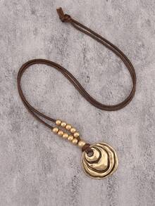 1pc Fashionable Minimalist Multi-Layer Asymmetrical Circle Pendant Long Necklace For Women - Golden Corrugated Round Plaque - View 4