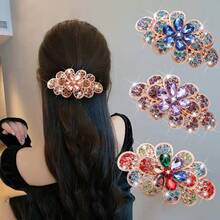 1 pieza Clip de pelo con decoración de cristal elegante estilo coreano, accesorio de pelo con pinza de primavera con estampado de flores elegante de aleación de zinc, adecuado para trabajo, viajes, fiestas, compras, citas, salidas, accesorio esencial, pinzas de garra
