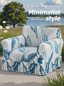 1pc Ruffled Stretch Sofa Cover, Soft & Comfortable, Printed Stretch Furniture Protector, Multiple Sizes Available - Blue - View 7