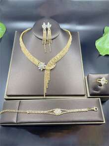 4pcs Sparkling Luxury Crystal Jewelry Set, Necklace, Earrings, Ring, Bracelet, Fashion Bridal Wedding Party Dress Accessories