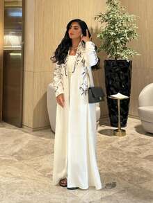 Elegant Embroidered Abaya Cardigan, Dubai Style Women Robe - White - View 1