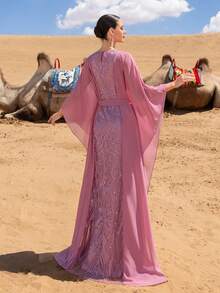 GIFORU Luxury Lavender Embroidered And Sequined Gown - Sheer Cape With Open Back & Belt Accent For Red Carpet Events, Opera Galas And Charity Balls - 藕粉色 - 查看 3