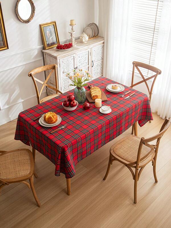 1pc Red Plaid Square Tablecloth, Farmhouse Style Dining Table Cover, Polyester Material, Suitable For Kitchen, Dining Room And Christmas Decoration