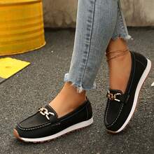 Casual Comfortable Women Loafers Lightweight Slip On Low Top Round Toe Fashion Chain Decorated Shoes - 黑色 - 查看 4