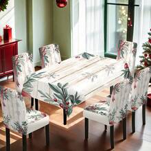 1/4/5/6/7/36 piezas Hojas verdes, bayas rojas, copos de nieve y cinta roja de Navidad, conjunto de fundas de silla/asiento con estampado de textura de madera falsa, adecuado para uso en interiores, hogar, restaurante, hotel, ideal para decoración diaria moderna. El mantel se ajusta a la mesa de comedor cuadrada, las fundas de silla elásticas son lavables. - Multicolor - Ver 17