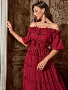 中世纪公主风格露肩泡泡袖层叠荷叶边连衣裙 - 酒紅色 - 查看 5