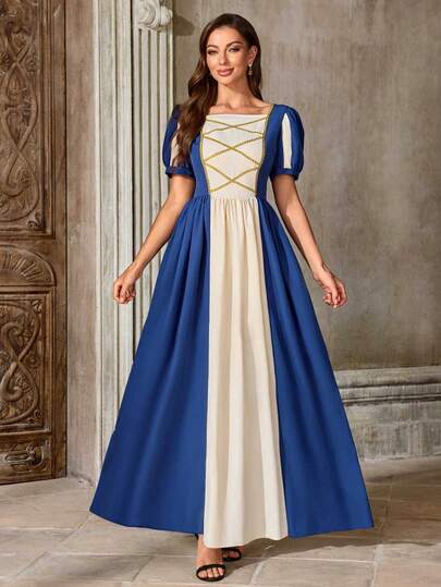 Vintage Fairy Tale Princess Dress, Essential For Outings - Blue Patchwork Palace Style Women's Long Dress With Puff Sleeves And Golden Thread Decor