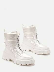 Flat Snow Boots With Front Zipper Design And Embossed Text - White - View 4