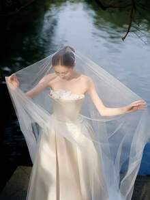1pc White Sheer Bridal Veil, Black Single Layer Transparent Long Train Wedding Veil, Suitable For Wedding, Party, Cosplay, Photography - White - View 5