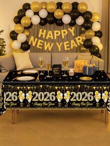 1pc Black Golden New Year Tablecloth, Happy New Year 2026 Celebration Table Cover,Fireworks Balloon Diamond Pattern Disposable Plastic Tablecloth For New Year Party Decor,Kitchen Dining Room Table Decor,Indoor/Outdoor Decor,New Year Eve Event Party Supplies,Perfect For New Year Photo Booth Party Background Decoration Party Decorations Supplies Home Decor,New Year's Eve Decoration