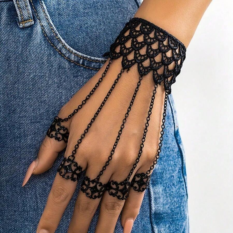 Vintage Gothic Lace Hand Chain With Celestial Symbols, Iron Finger Ring Bracelet For Parties And Halloween, Unplated, Fits All Seasons - August Birthstone Inspired  Cone Nail Chain Hand Jewelry For Festivals - 黑色 - 查看 1
