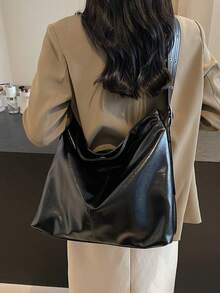 1 pieza Bolso de hombro de mujer de estilo vintage negro con remaches, ojetes y costuras, con acabado encerado, bolso de tote versátil y casual apto para uso diario, ir a la universidad, de gran capacidad tipo cubo, nueva llegada de otoño/invierno