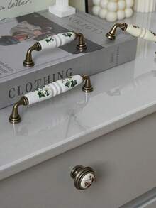 4/6pcs Rustic Ceramic Cabinet Handle With Green And Brown Floral Pattern-Antique Bronze Finish, Country Style Cabinet Door And Drawer Furniture Knob