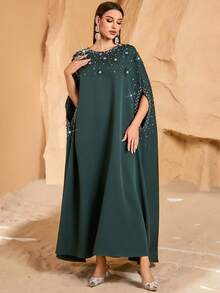Vestido elegante y conservador de estilo árabe para mujer con adornos de cuentas - Verde Oscuro - Ver 2