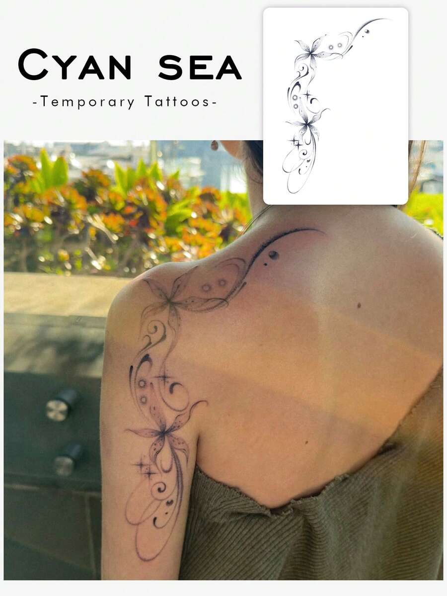 1张防水、防汗、可水洗的临时纹身贴纸，PVC材质，个性化高端设计，ins风情侣纹身贴纸，百合花肩部时尚图案，适合日常使用 - 黑色 - 查看 1