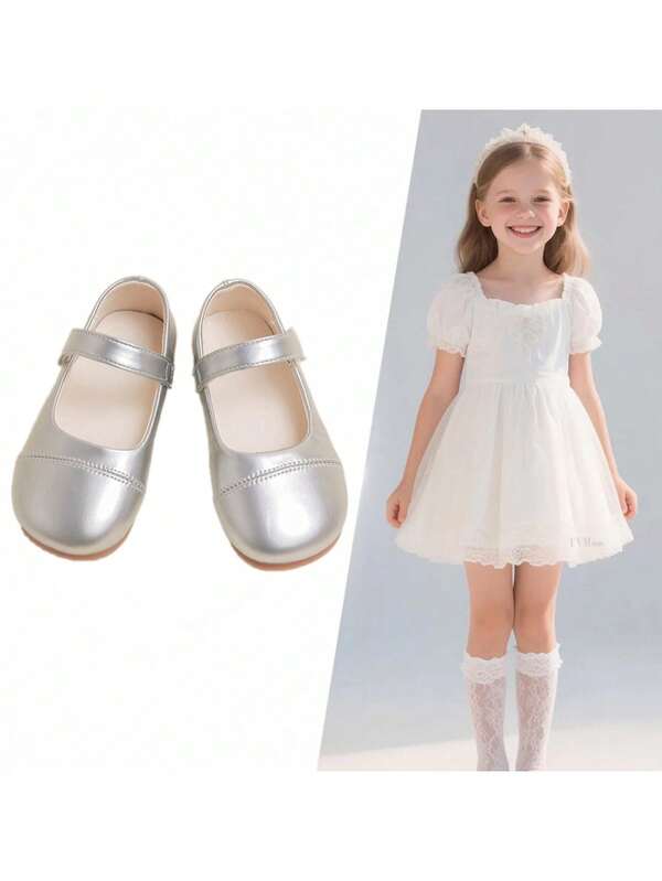1 Pair Fashion Simple Elegant Solid Color Hook And Loop Princess Children Flat Shoes, Suitable For Performance
