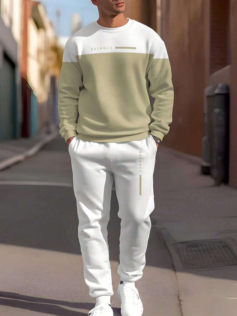 Conjunto de sudadera y pantalón casual de cuello redondo de patchwork negro y gris para hombres, 100% poliéster, versátil para uso al aire libre, diario, deportes y entretenimiento, manga larga para primavera/otoño