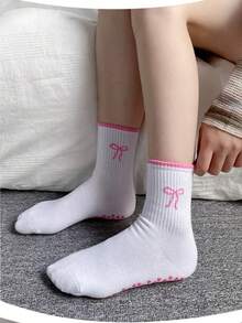 2 Pairs Women's Bowknot Yoga Mid-Calf Socks, Women's Non-Slip Pilates Socks, Ruffle Yoga Socks, Cute Grip Socks - Multicolor - View 6