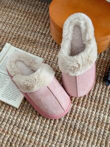 Damskie, jednokolorowe, swobodne, pluszowe kapcie wsuwane z futerkowym wykończeniem, wygodne, domowe ubranie na jesień/zimę