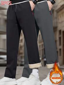 2 Piezas Set, Pantalones de lana de cordero cálidos de invierno para hombres, pantalones rectos casuales con bolsillos con cremallera y cordón, cómodos y fáciles de combinar.