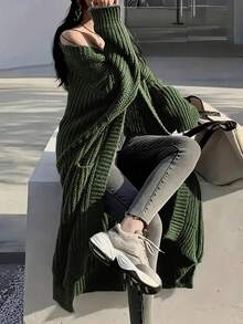 Áo len cardigan dệt kim tay dài cổ chữ V có túi cỡ lớn dành cho nữ - xanh quân đội - Xem 4