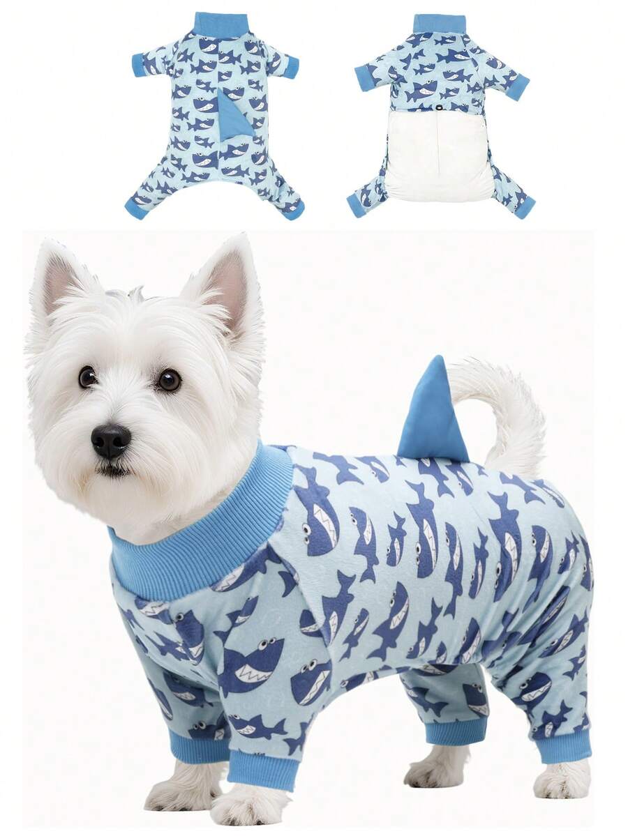 1pc 3D Shark Fin Design! Shark Print Pet Jumpsuit, Soft & Skin-Friendly, Suitable For Small/Medium Dogs, Prevents Shedding
