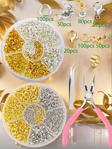 420pcs/Box Gold & Silver Tone Jumpring, Lobster Clasp, Crimp Beads, Optional 1pc Plier, 1pc Tweezer, DIY Jewelry Making Supplies - Multicolor - View 1