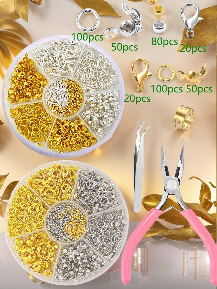 420pcs/Box Gold & Silver Tone Jumpring, Lobster Clasp, Crimp Beads, Optional 1pc Plier, 1pc Tweezer, DIY Jewelry Making Supplies - Multicolor - View 1