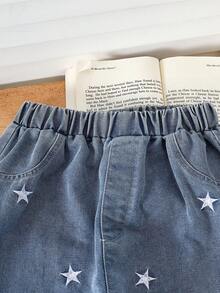 2pcs Girls Autumn/Winter Denim Set, Fashionable Cartoon Character Print Long Sleeve Shirt + Five-Pointed Star Embroidery & Frayed Hem Jeans, Casual & Versatile