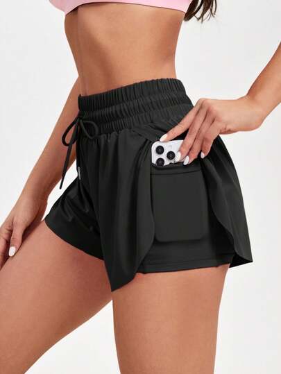 SHEIN Sports 女士纯色系腰口袋宽松休闲短裤毛衣短裤