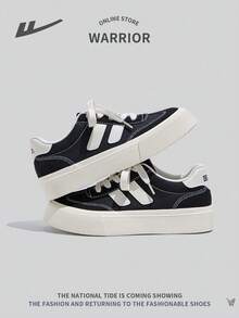 WARRIOR Damen sportliche junge Sneaker mit dicker Sohle aus Segeltuch, Farbblockdesign, modisch, Schnürung, Niedrigschaft, rutschfest, schmutzabweisend, Freizeitschuhe - Schwarz - Übersicht 5
