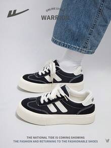 WARRIOR Damen sportliche junge Sneaker mit dicker Sohle aus Segeltuch, Farbblockdesign, modisch, Schnürung, Niedrigschaft, rutschfest, schmutzabweisend, Freizeitschuhe - Schwarz - Übersicht 8