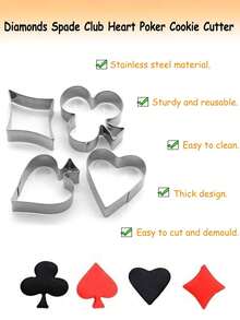 4 piezas Moldes de galletas de póker, moldes de galletas de acero inoxidable, moldes de galletas con forma de flor de ciruelo/pica/bloque/corazón, moldes de galletas DIY, moldes de pasteles hechos a mano, moldes de pasteles hechos a mano, moldes de galletas con cartas de juego, moldes para hornear pasteles, decoración de pasteles, decoración de fiestas, decoración de fiestas con temática de póker, moldes de fondant para jugar a las cartas - Plateado - Ver 6