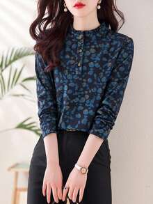Fashionable All-Over Print Comfortable Long Sleeve Button-Up T-Shirt, Autumn - Royal Blue - View 3