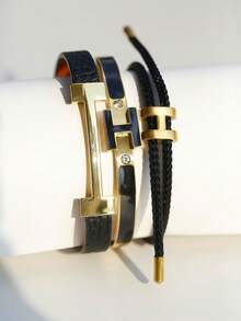 3 件时尚别致的金色字母皮革手链，送给女朋友的礼物 - 3pcs-黑色 - 查看 5