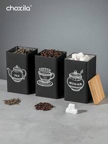 choxila 3件套咖啡储存罐茶叶零食咖啡豆储存罐竹盖铁艺展示方形罐