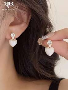 1 Pair Petite Elegant White Enamel Teardrop Glass Inlay Earrings, Chic For Daily Commute