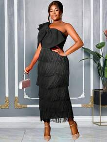 AOMEI Women's Plus Size Black One Shoulder Midi Dress With Oversized Bow & Tiered Fringe Skirt Glam Formal Outfit For Valentine's Day, Galas, Dates, Parties, Weddings, Bridesmaid Duties & Graduation Spring Evening Dress Collection - Black - View 4