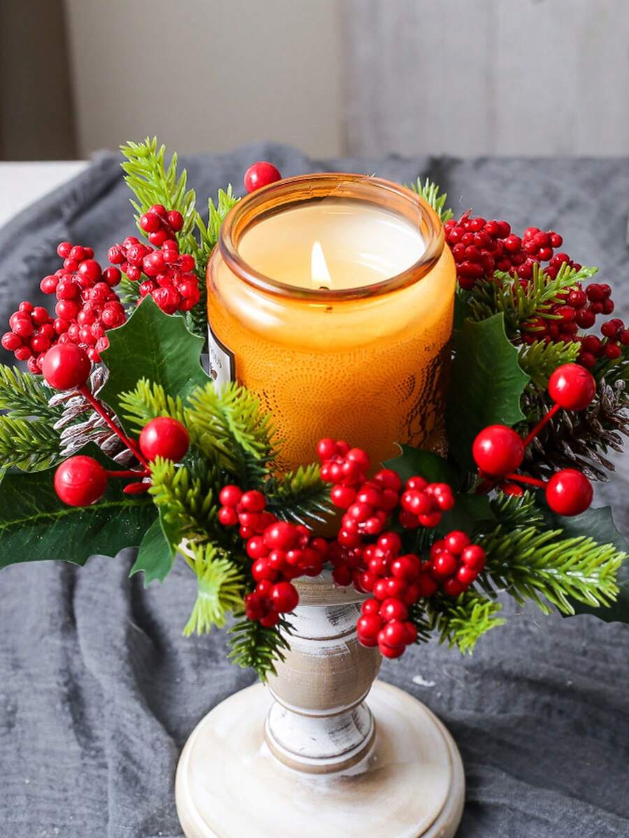 1 Pc Christmas Decorative Garland, Candle Holder Decoration Ring, Red Berry Pine Cones, Pine Needle Candle Holder, Scented Candle Cup Decorative Garland, Christmas Decoration, Home Decor, Bedroom Decor, Christmas Gifts, Autumn Decor.