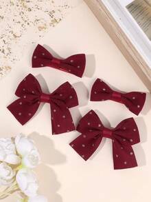 4pcs Red Fabric Bow Hair Clips For Girl, Pastel Colored Hair Bows Decor With Golden Polka Dot, Soft Daily Wear Hair Barrettes, Sweet Girls Hairpins, Teens Hair Accessories