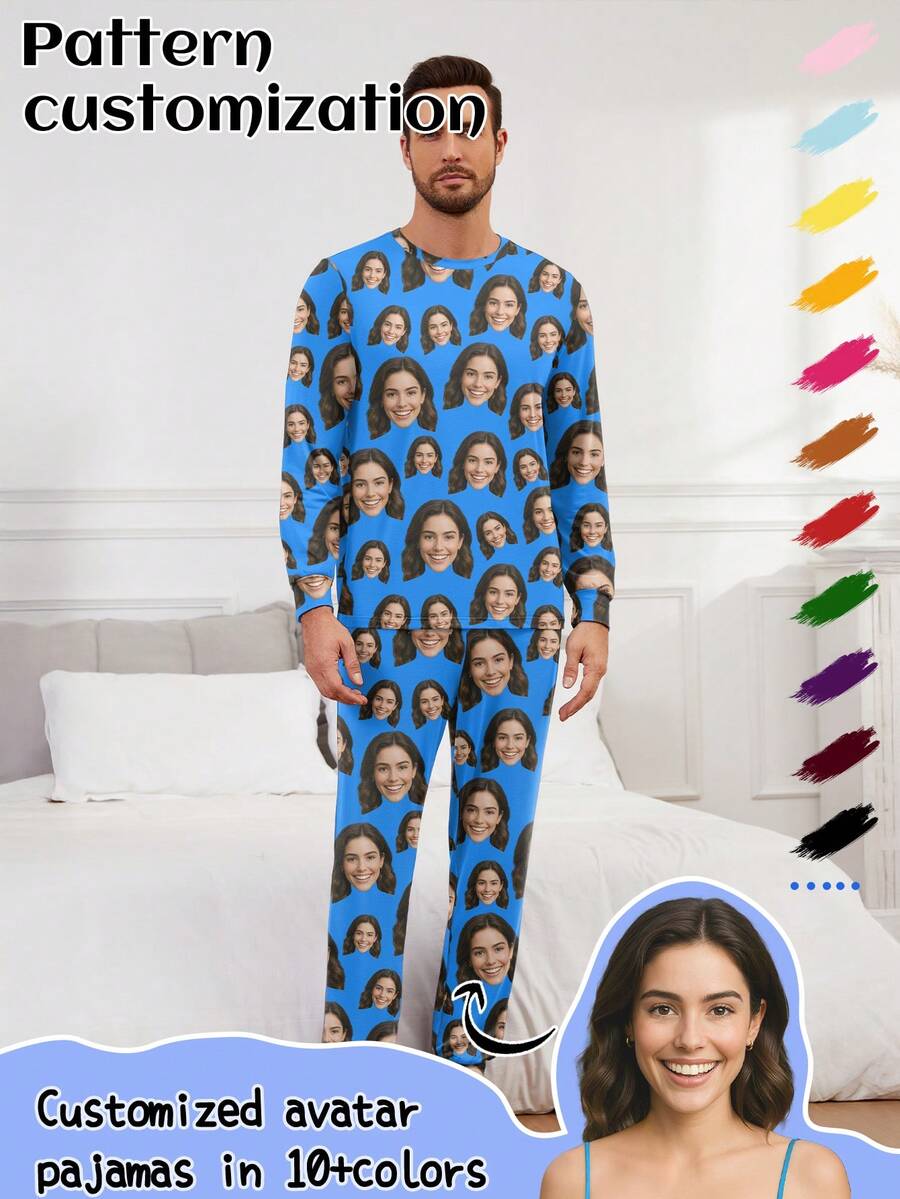 Printstory Customized Men's Pajama Set, Personalized With Any Pattern, Unique Custom Gift, Suitable For Family, Friends, Holiday Parties
