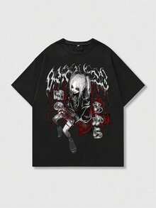ROMWE MEN Anime Casual Short Sleeve Round Neck Letter Print Cartoon Character Summer T-Shirt For Men School - Black - View 3