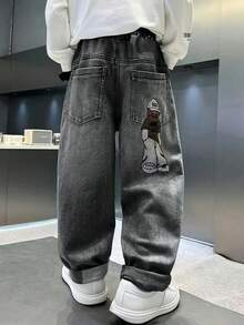 Tween Boy Fashionable Casual Washed Cartoon Embroidered Denim Jeans - Dark Grey - View 4
