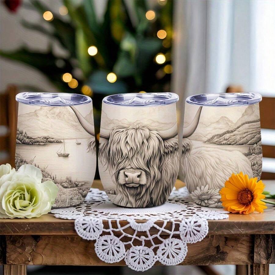 1 cốc du lịch hình bò cao nguyên 12oz với họa tiết phong cảnh Scotland - Cách nhiệt hai lớp và nắp chống rò rỉ giúp giữ cà phê nóng/lạnh trong nhiều giờ, món quà hoàn hảo cho phụ nữ, phù hợp cho Giáng sinh, Ngày Valentine, nhà bếp kiểu nông trại và sử dụng trong văn phòng - Họa tiết bò cao nguyên màu trơn trang nhã, bình đựng đồ uống có thể tái sử dụng, hình minh họa phong cảnh chi tiết, chất lượng thủ công cao cấp, vật dụng thiết yếu cho người yêu cà phê.